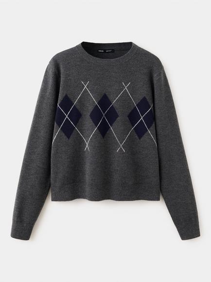 Mango Argyle Fine Knit Crew Neck Jumper, Mid Grey Melange - view 2, Mid Grey Melange