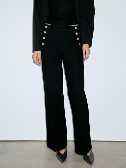 Mango High Rise Sailor Button Wide Leg Jeans, Black, Black