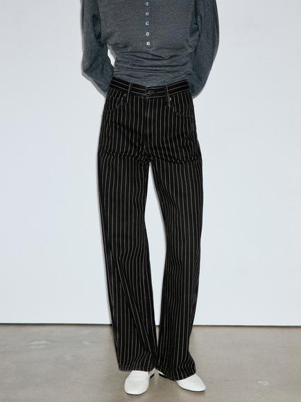 Mango High Rise Pinstripe Balloon Leg Jeans, Black, Black