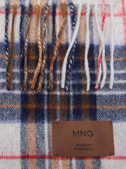 Mango Tartan Fringed Edge Wool Scarf, Grey - view 2, Grey