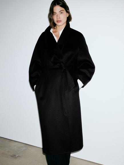 Mango Oversized Belted Wool Blend Wrap Coat, Black, Black
