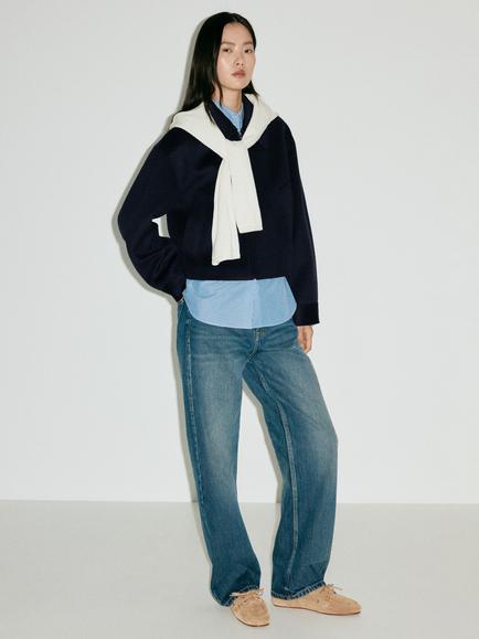 Mango Cropped Wool Blend Bomber Jacket, Navy, Navy