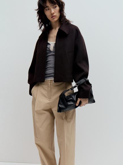 Mango Cropped Boxy Bomber Jacket, Chocolate, Chocolate