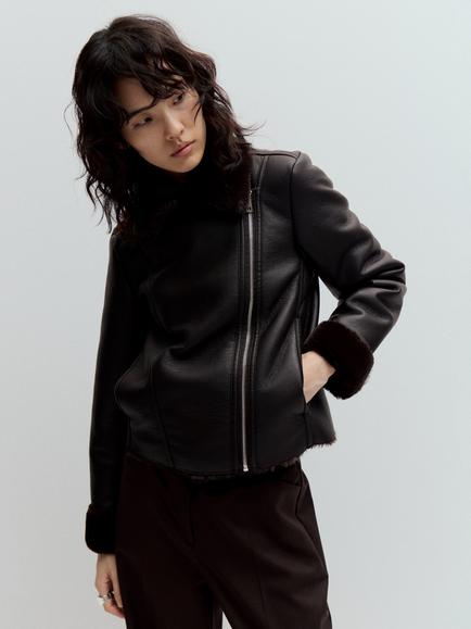 Mango Faux Fur Collar Biker Jacket, Chocolate, Chocolate