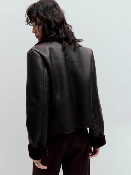Mango Faux Fur Collar Biker Jacket, Chocolate - view 2, Chocolate