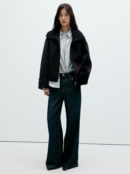 Mango Cropped Zip Neck Wool Blend Aviator Jacket, Black, Black