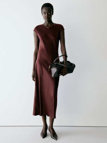 Mango Round Neck Cap Sleeve Midi Dress, Brown, Brown