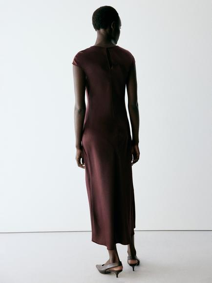 Mango Round Neck Cap Sleeve Midi Dress, Brown - view 2, Brown