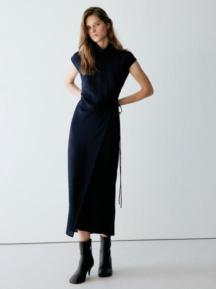 Mango Sculpted High Neck Wrap Midi Dress, Navy, Navy