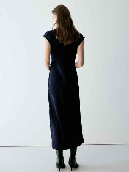 Mango Sculpted High Neck Wrap Midi Dress, Navy - view 2, Navy