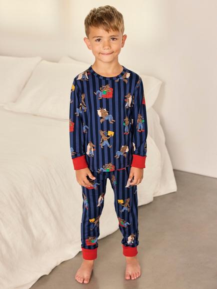 Chelsea Peers Kids' Nap Bandit Wolf Print Long Sleeve Pyjama Set, Navy, Navy