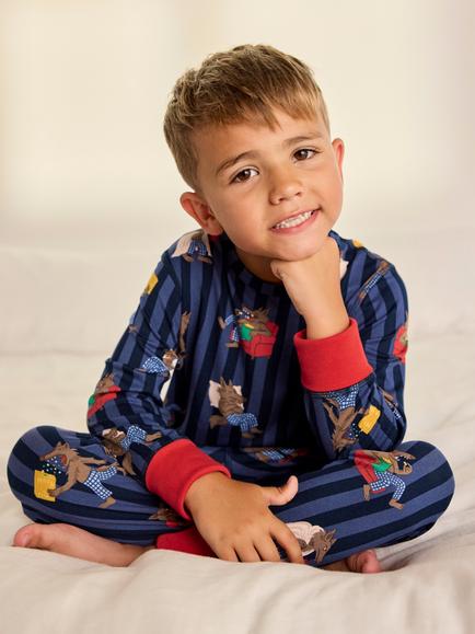 Chelsea Peers Kids' Nap Bandit Wolf Print Long Sleeve Pyjama Set, Navy - view 2, Navy
