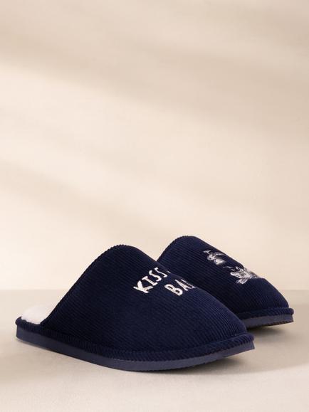 Chelsea Peers Corduroy Embroidered Kiss My Bass Slippers, Navy, Navy