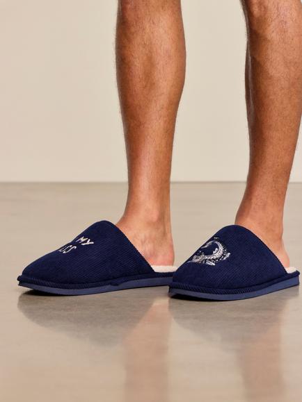 Chelsea Peers Corduroy Embroidered Kiss My Bass Slippers, Navy - view 2, Navy