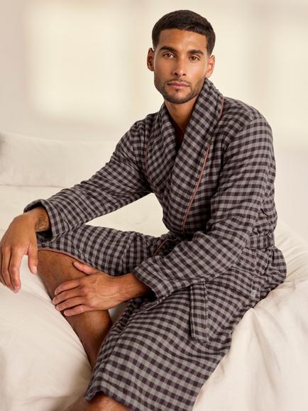 Chelsea Peers Cotton Gingham Towelling Dressing Gown, Burgundy - view 2, Burgundy