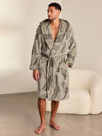 Chelsea Peers Fleece Leopard Print Hooded Dressing Gown, Green, Green