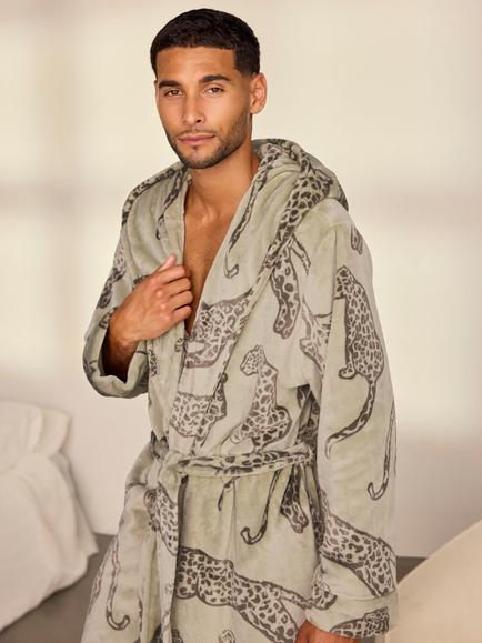 Chelsea Peers Fleece Leopard Print Hooded Dressing Gown, Green - view 2, Green