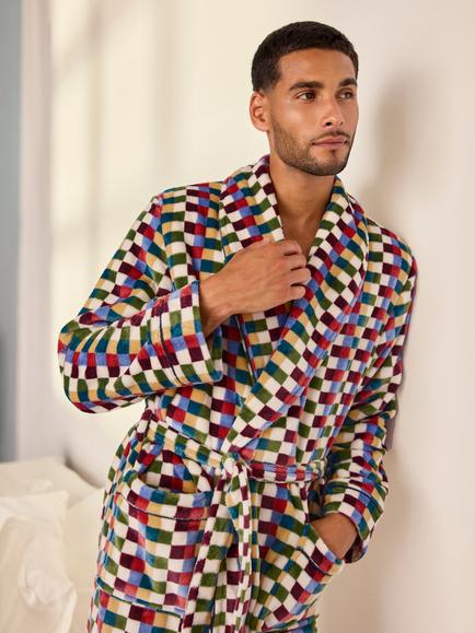 Chelsea Peers Fleece Retro Check Dressing Gown, Multi - view 2, Multi