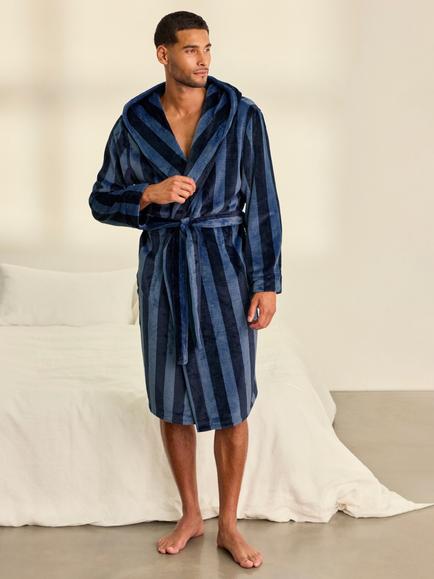 Chelsea Peers Fleece Stripe Dressing Gown, Navy, Navy
