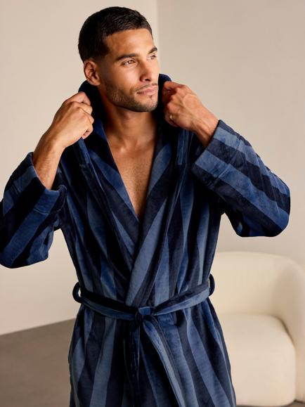 Chelsea Peers Fleece Stripe Dressing Gown, Navy - view 2, Navy