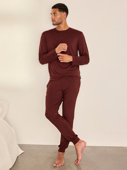 Chelsea Peers Crew Neck Long Pyjama Set containing TENCEL™ Modal, Burgundy, Burgundy