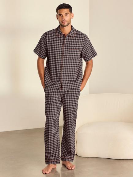 Chelsea Peers Cotton Gingham Long Pyjama Set, Burgundy, Burgundy