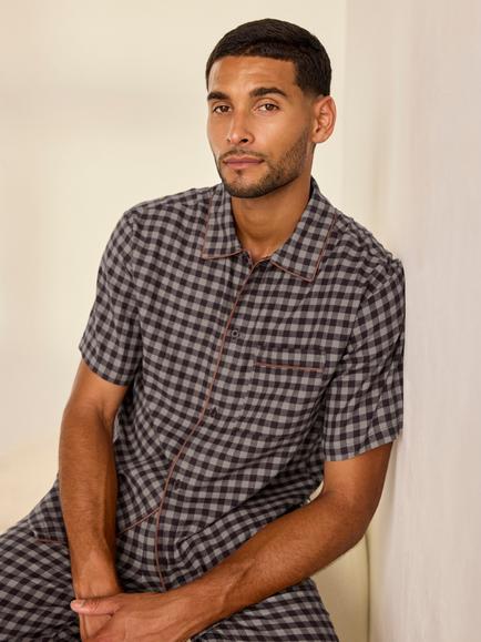 Chelsea Peers Cotton Gingham Long Pyjama Set, Burgundy - view 2, Burgundy
