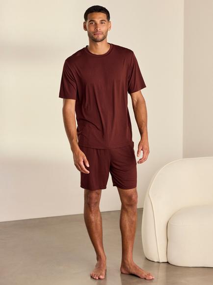 Chelsea Peers Crew Neck Short Pyjama Set containing TENCEL™ Modal, Burgundy, Burgundy