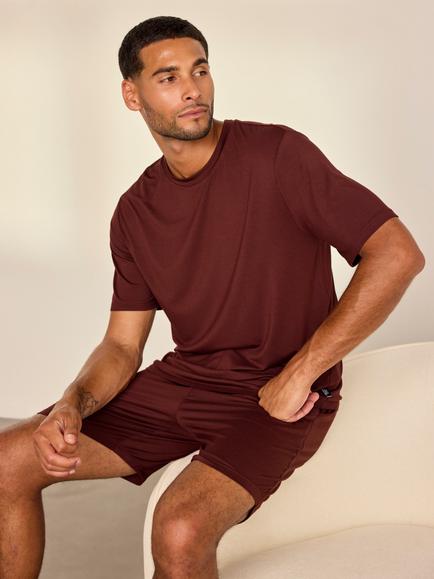 Chelsea Peers Crew Neck Short Pyjama Set containing TENCEL™ Modal, Burgundy - view 2, Burgundy