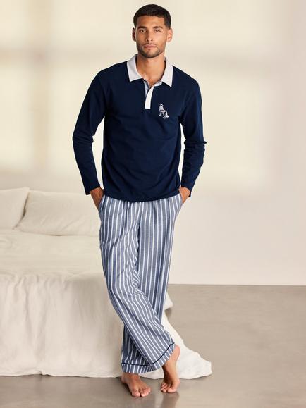 Chelsea Peers Stretch Cotton Embroidered Wolf Stripe Long Pyjama Set, Navy, Navy