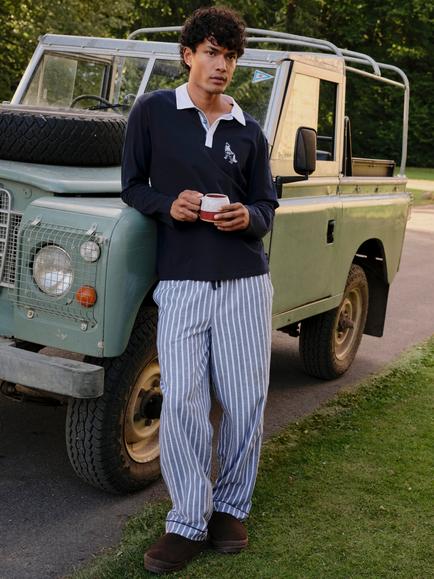 Chelsea Peers Stretch Cotton Embroidered Wolf Stripe Long Pyjama Set, Navy - view 2, Navy