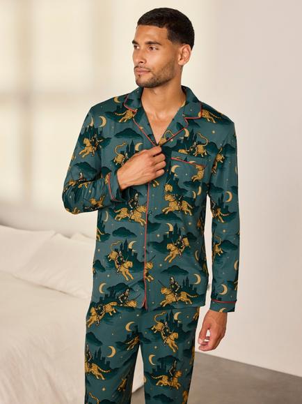 Chelsea Peers Moonlit Knight Print Long Pyjama Set, Turquoise - view 2, Turquoise