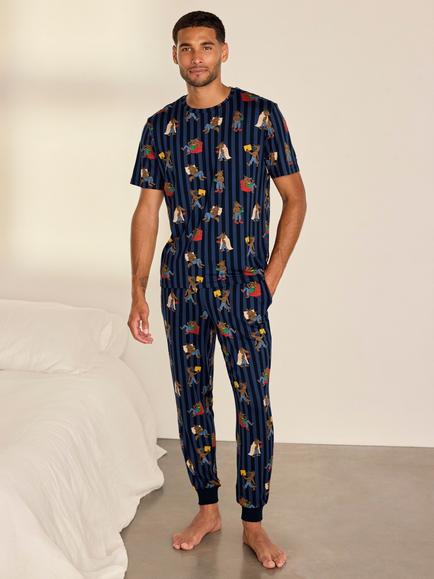 Chelsea Peers Nap Bandit Wolf Print Long Pyjama Set, Navy, Navy