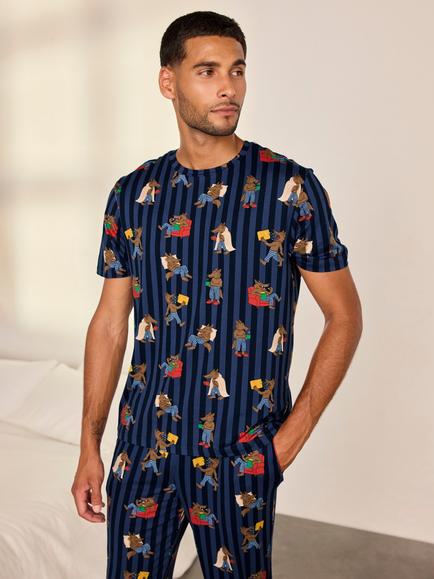 Chelsea Peers Nap Bandit Wolf Print Long Pyjama Set, Navy - view 2, Navy