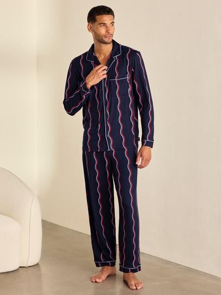 Chelsea Peers Ripple Stripe Button-Up Long Pyjama Set, Navy, Navy