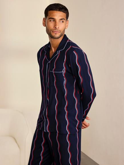 Chelsea Peers Ripple Stripe Button-Up Long Pyjama Set, Navy - view 2, Navy