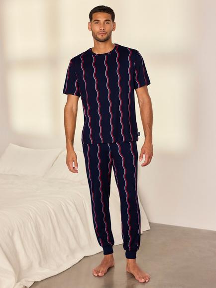 Chelsea Peers Ripple Stripe Long Pyjama Set, Navy, Navy