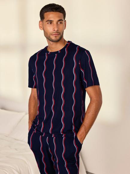 Chelsea Peers Ripple Stripe Long Pyjama Set, Navy - view 2, Navy