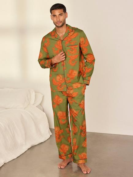 Chelsea Peers Cotton Solar Phoenix Print Pyjama Set, Khaki, Khaki