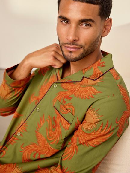 Chelsea Peers Cotton Solar Phoenix Print Pyjama Set, Khaki - view 2, Khaki