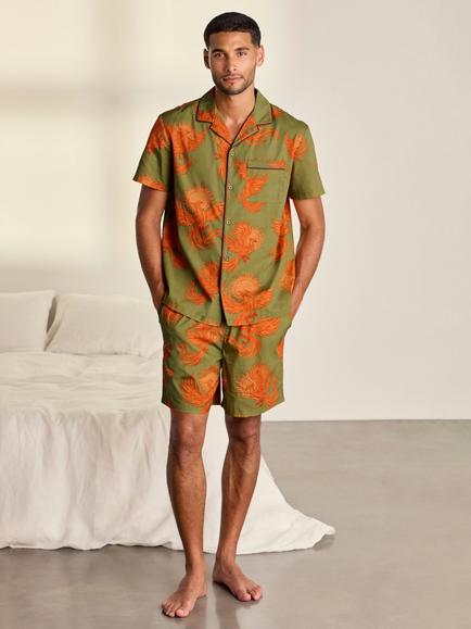 Chelsea Peers Cotton Solar Phoenix Print Short Pyjama Set, Khaki, Khaki