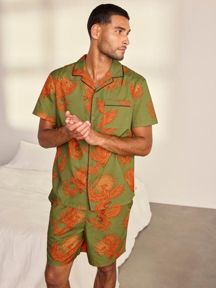Chelsea Peers Cotton Solar Phoenix Print Short Pyjama Set, Khaki - view 2, Khaki