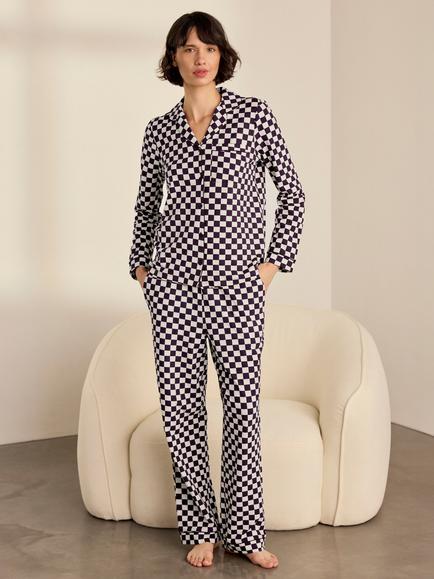 Chelsea Peers Checkerboard Long Pyjamas, Burgundy, Burgundy