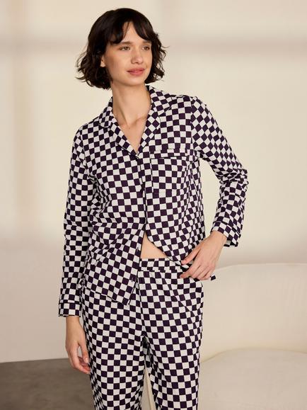 Chelsea Peers Checkerboard Long Pyjamas, Burgundy - view 2, Burgundy