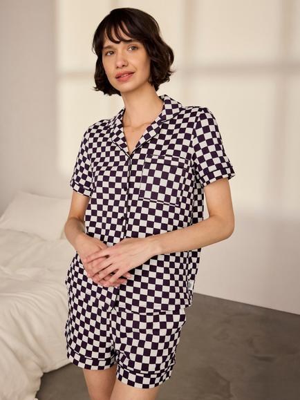 Chelsea Peers Checkerboard Short Pyjamas, Burgundy, Burgundy