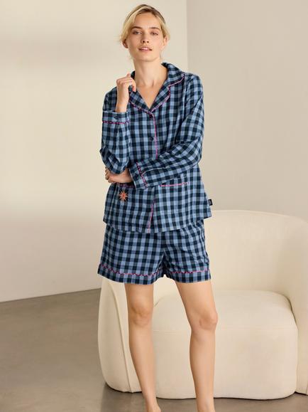 Chelsea Peers Embroidered Gingham Pyjamas, Navy, Navy