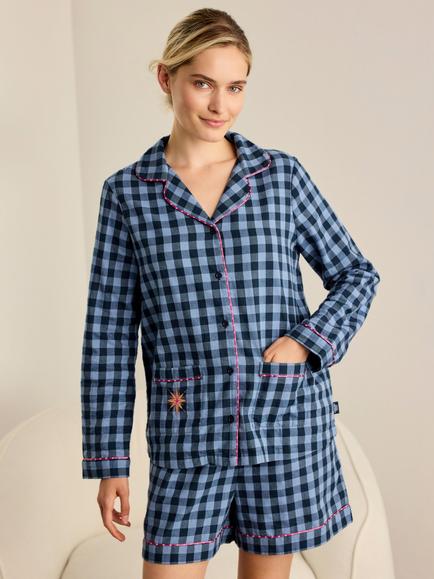 Chelsea Peers Embroidered Gingham Pyjamas, Navy - view 2, Navy
