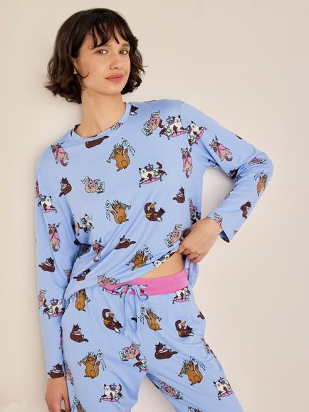 Chelsea Peers Princess Cats Long Pyjamas, Blue - view 2, Blue