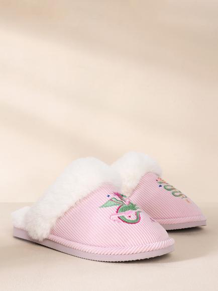 Chelsea Peers Corduroy Embroidered Mythical Dragon Mule Slippers, Pink - view 2, Pink