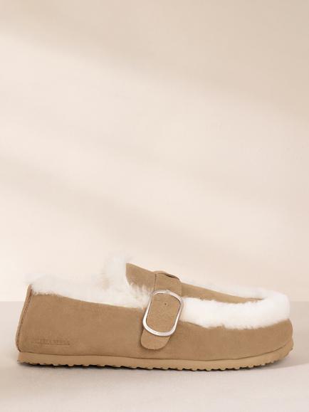 Chelsea Peers Suede Cowhide Buckle Detail Moccasin Slippers, Camel